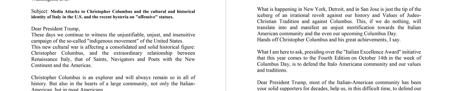 LETTERA DEL PRESIDENTE DEL PREMIO ECCELLENZA ITALIANA GEORGE GUIDO LOMBARDI AL PRESIDENTE TRUMP IN MERITO AGLI EVENTI DEL COLUMBUS DAY